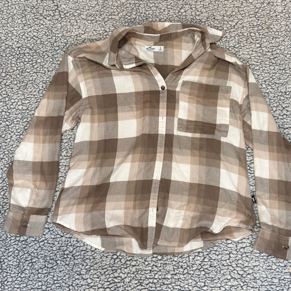 Hollister Plaid Button Down Shirt Womens Small Brown Tan Flannel Minimalist Boho